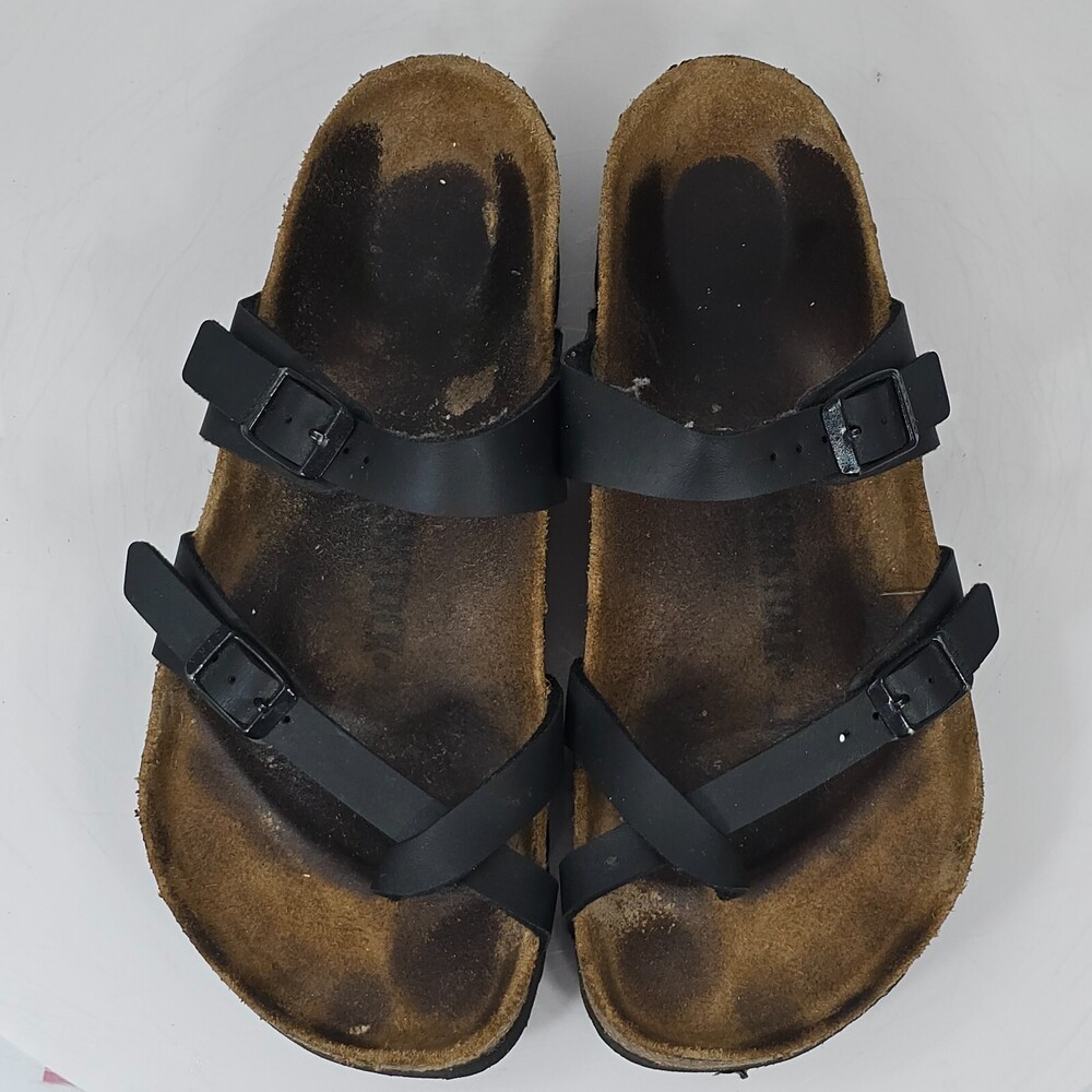 BIRKENSTOCK Black Mayari Women 7/38 Wide Birkibuc Toe loop Slide Sandals Flip #2